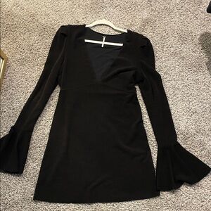 Free People Black V-Neck Long Sleeve Mini Dress with Flared Cuffs
